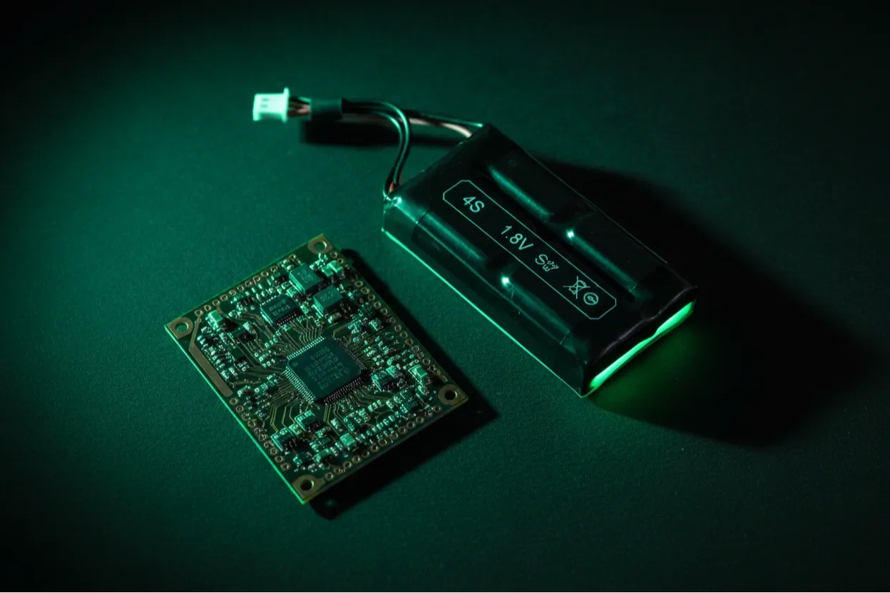 Flat lay of 4s LiPo battery with PCB on dark matte surface under neon green light
